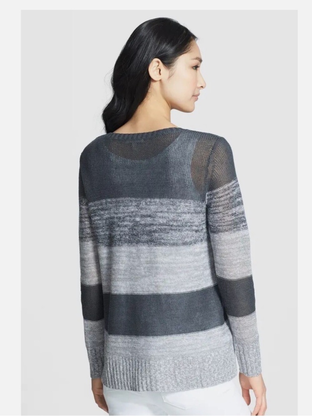 Eileen Fisher Black and Gray Striped Lightweight Scoop-Neck Sweater - Picture 2 of 6